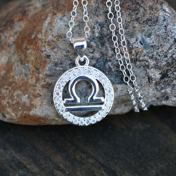 Libra Pendant Sterling Silver 925 , 14k White Gold Plated , October Zodiac - Picture 2 of 8